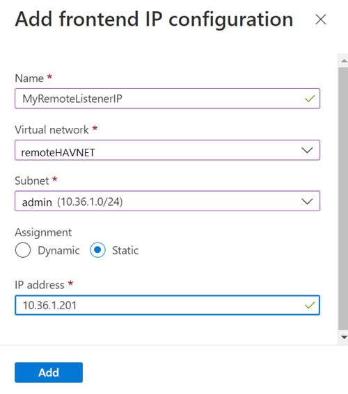 Screenshot of the Azure portal that shows the dialog for adding a frontend IP configuration.