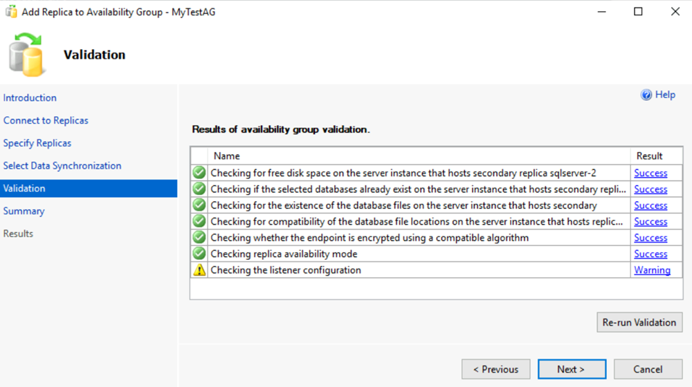 Screenshot of the page that displays results of availability group validation in SSMS.