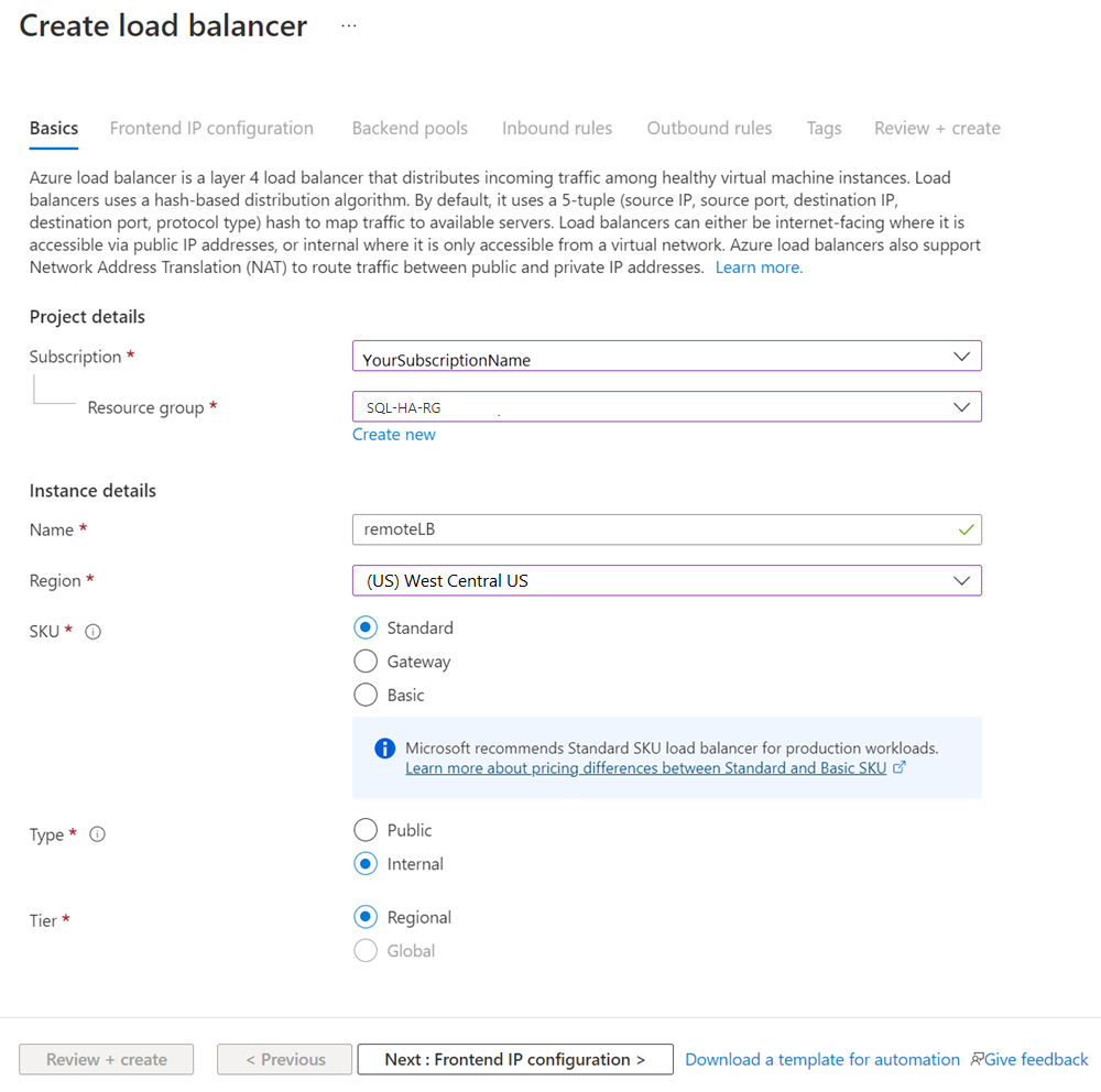 Screenshot of the Azure portal that shows basic information for creating a load balancer.
