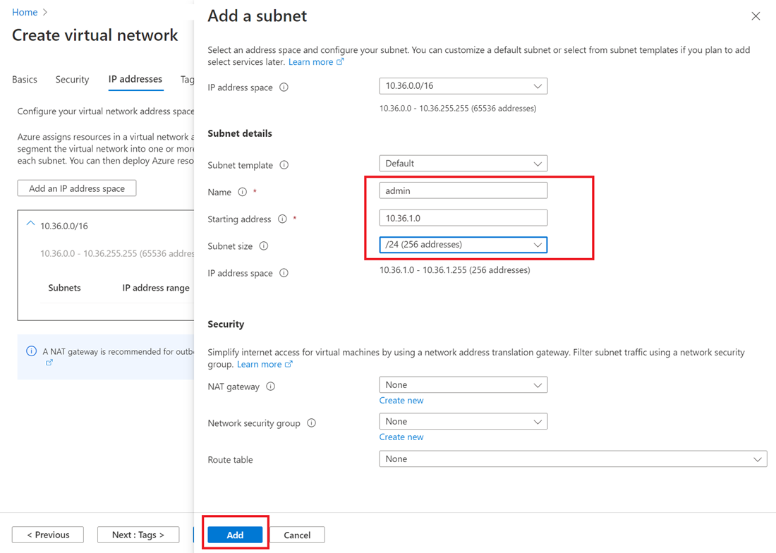 Screenshot of the Azure portal that shows selections for adding a subnet to a virtual network.
