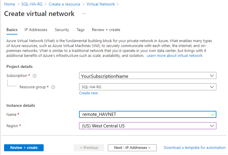 Screenshot of the Azure portal that shows selections for creating a virtual network in a remote region.