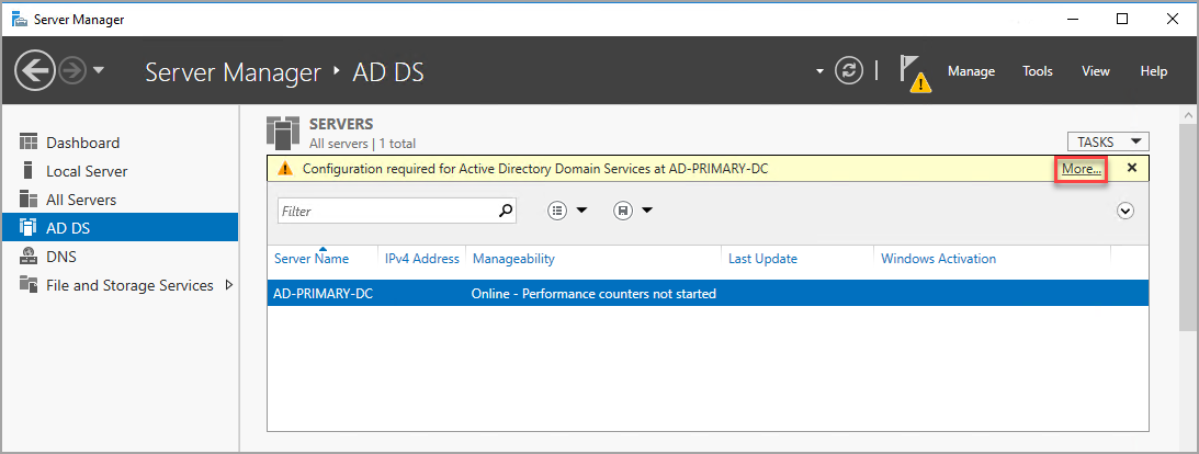 DNS 服务器 VM 上的 AD DS 对话框