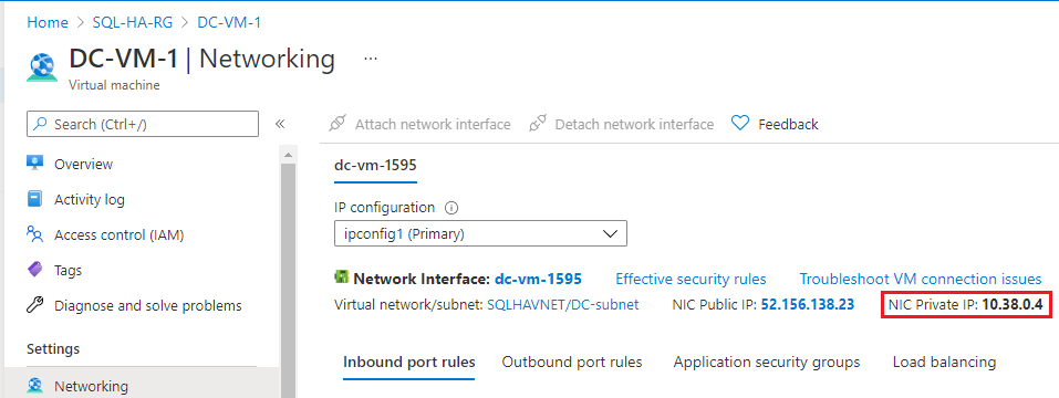 在 DC-VM-1 页面上，在“设置”窗格中选择“网络”，然后记下 NIC 专用 IP 地址。使用此 IP 地址作为 DNS 服务器。