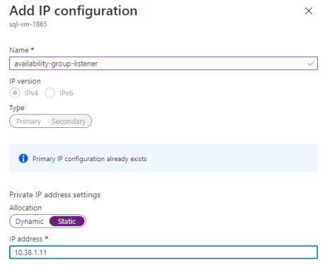 再次选择“+ 添加”以便为可用性组侦听程序（其名称类似 availability-group-listener）配置其他 IP 地址，并再次使用 SQL-subnet-1 中未使用的 IP 地址，例如 10.31.1.11