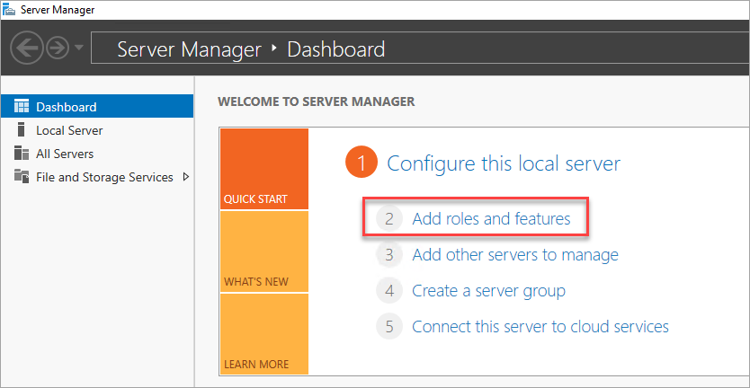 Screenshot of the Server Manager dashboard that shows the link for adding roles and features. 