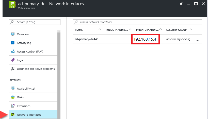Screenshot of a private IP address shown on the Azure portal.