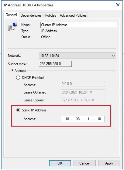  Select **Static IP Address** and update the IP address to the dedicated windows cluster IP address in the same subnet you assigned to the SQL Server VM in the prerequisites article