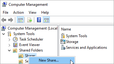 Screenshot that shows selections for creating a new share in Computer Management. 