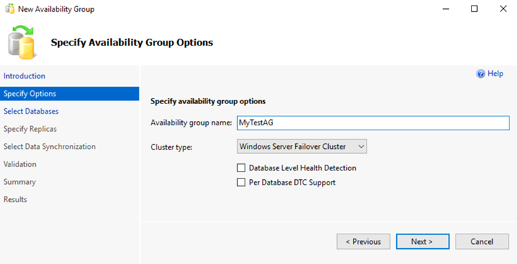 Screenshot that shows specifying an availability group name in the New Availability Group Wizard in SSMS.