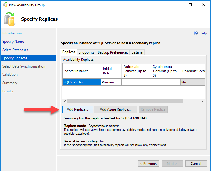 Screenshot of the button for adding a replica in the New Availability Group Wizard in SSMS.