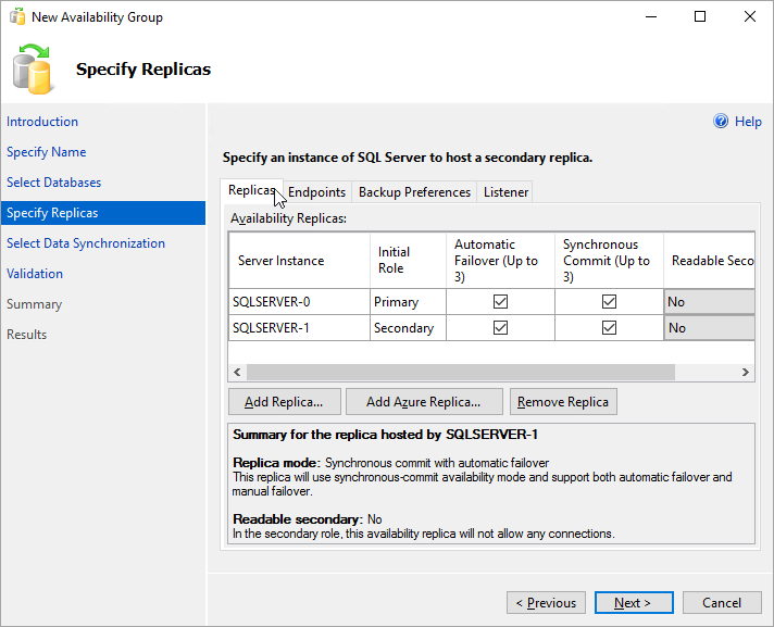 Screenshot that shows two servers listed as replicas in the New Availability Group Wizard in SSMS.