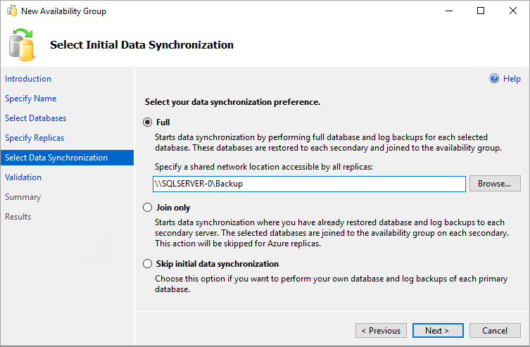 Screenshot that shows selection of the option for full data synchronization.