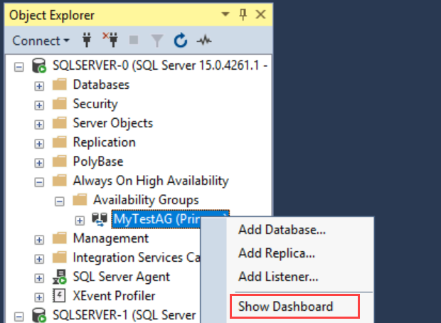 Screenshot of Object Explorer in SSMS that shows selections for opening a dashboard for an availability group.