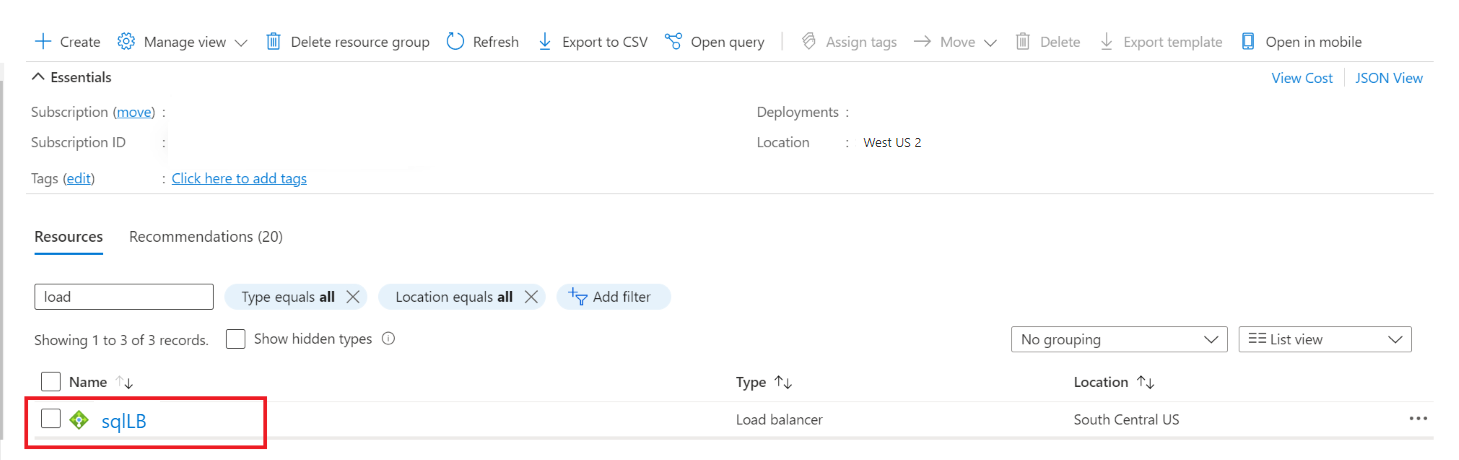 Screenshot of the Azure portal that shows a load balancer in an availability group.