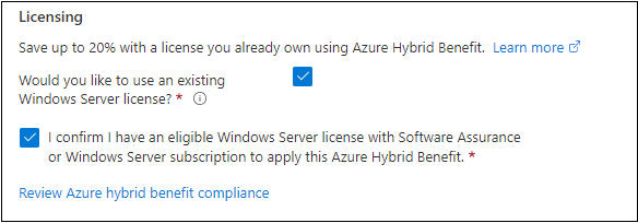 Screenshot from the Azure portal of the SQL VM License options.