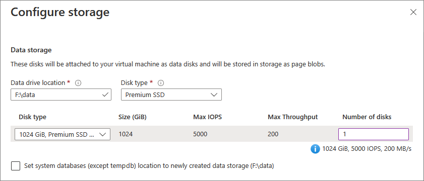 显示可在何处为 SQL VM 配置数据文件存储的屏幕截图