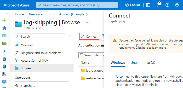 屏幕截图：Azure 门户中文件共享的“连接”选项。