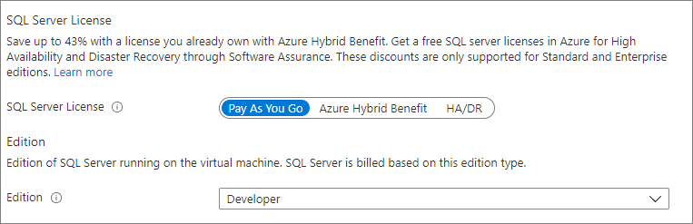 Azure 门户 SQL 虚拟机资源的屏幕截图，其中显示了要更改 SQL Server VM 元数据的发行版本和产品版本的位置。