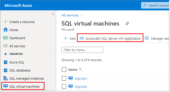 屏幕截图显示如何选择“自动 SQL Server VM 注册”以打开“自动注册”页
