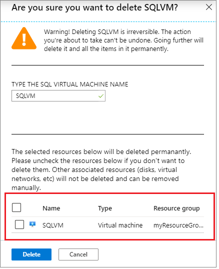 屏幕截图显示如何取消选中 VM 以阻止删除实际虚拟机，然后选择“删除”以继续删除 SQL VM 资源。