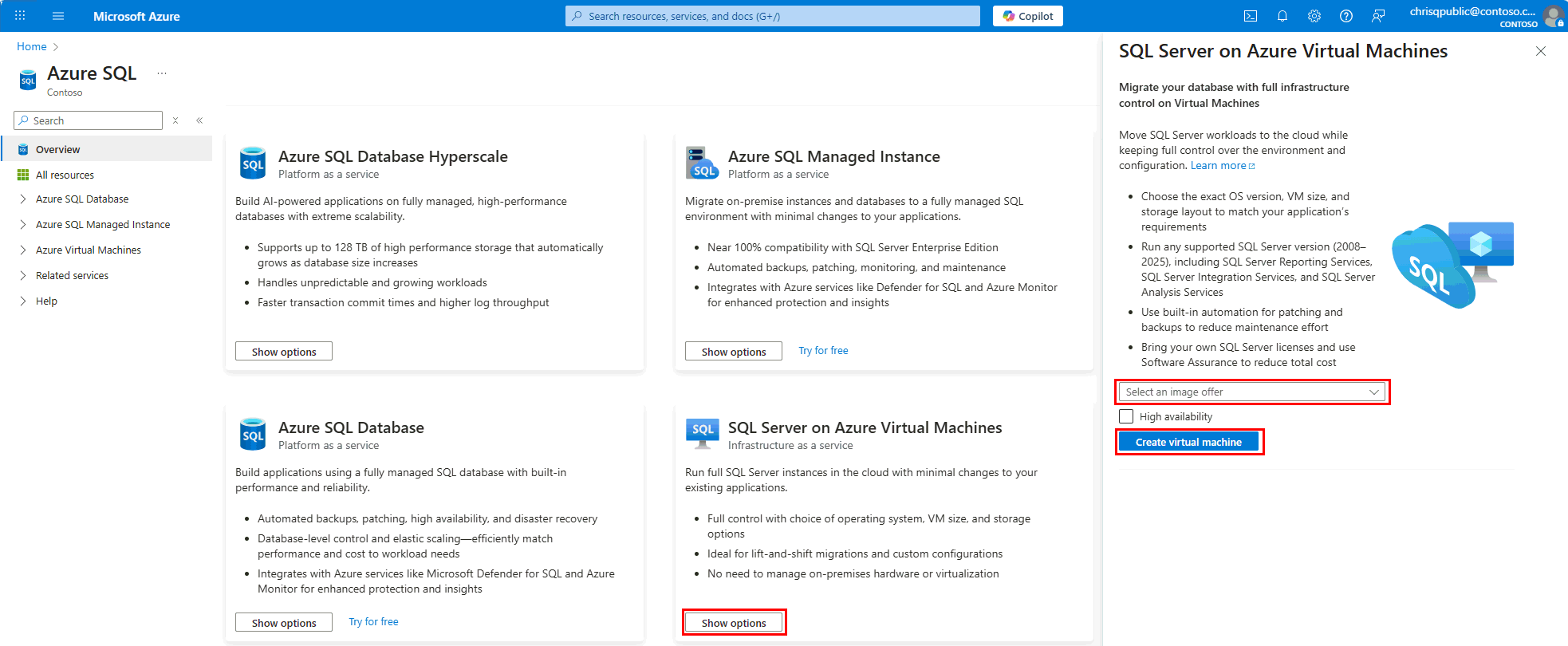 Azure SQL 中心的 Azure 门户的屏幕截图,其中显示了“显示选项”按钮和“创建 SQL 托管实例”按钮。