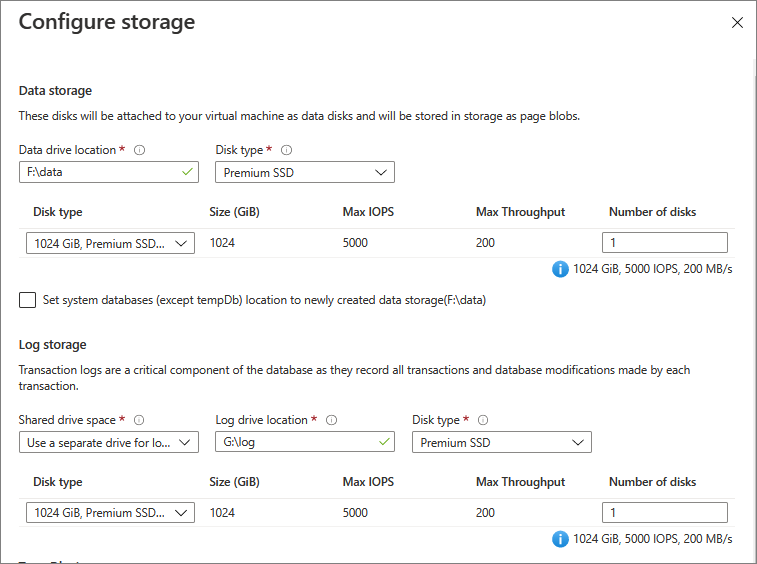 预配期间 SQL Server VM 存储配置页的 Azure 门户的屏幕截图。