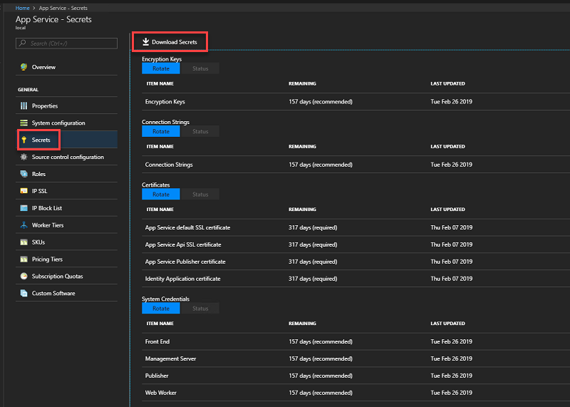 显示如何在 Azure Stack Hub 管理员门户中下载机密的屏幕截图。