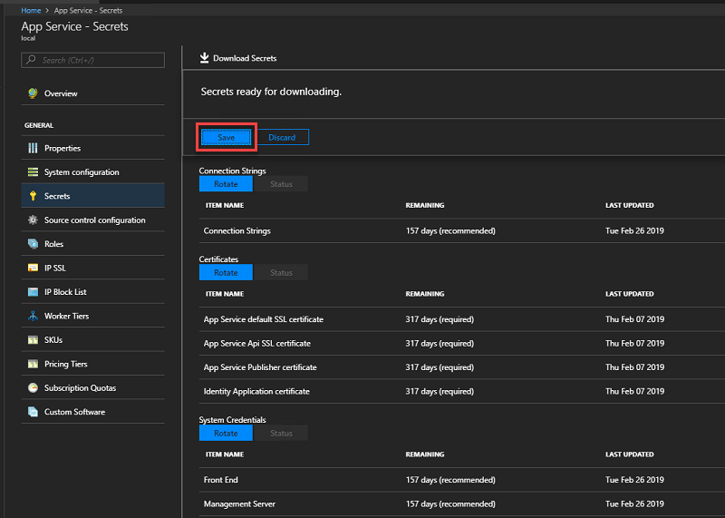 显示如何在 Azure Stack Hub 管理员门户中保存机密的屏幕截图。