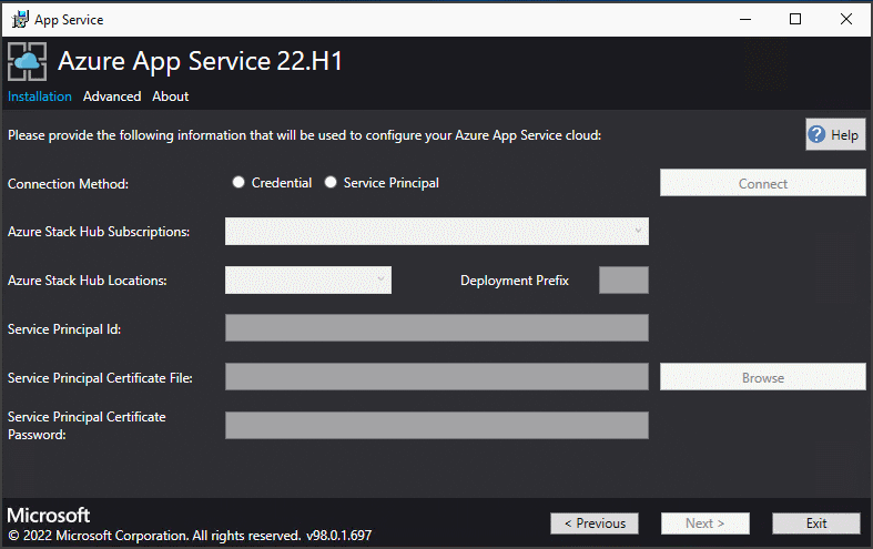 屏幕截图，显示在应用服务安装程序中的何处指定 Azure Stack Hub 订阅信息。