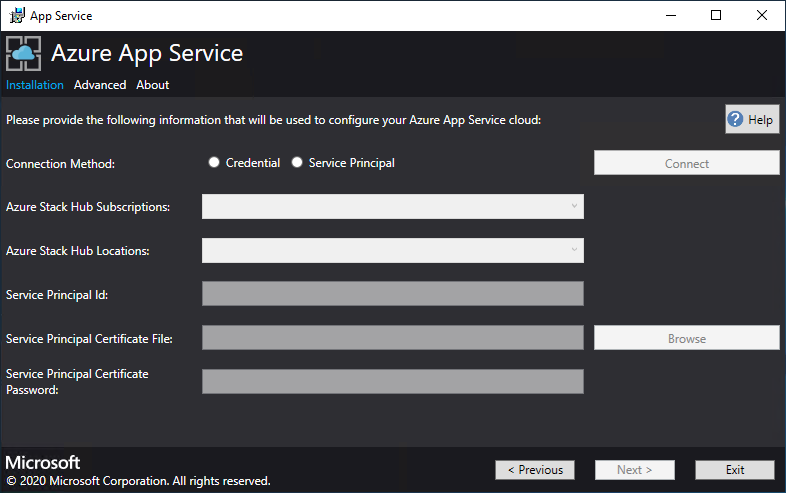 屏幕截图，显示在应用服务安装程序中的何处指定 Azure Stack Hub 订阅信息。