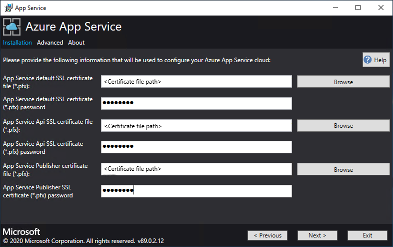 在 Azure 应用服务安装程序中输入 SSL 证书信息