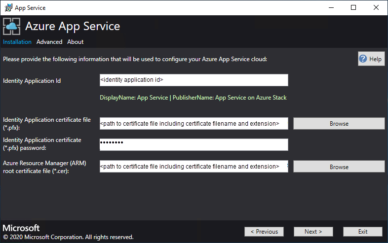 屏幕截图显示了在应用服务安装程序中提供 Microsoft Entra / ADFS 标识应用程序和 Azure Stack 资源管理器证书的详细信息的屏幕