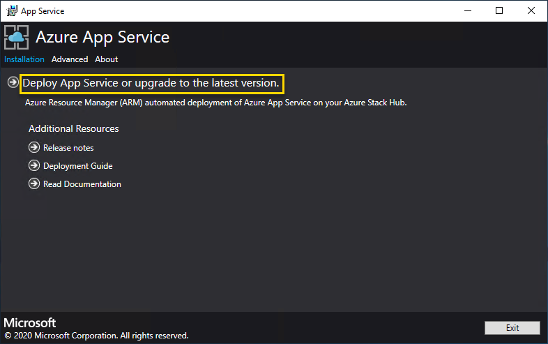 屏幕截图，显示 Azure 应用服务安装程序的主屏幕。