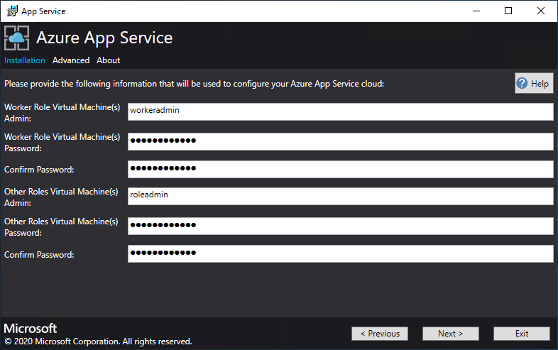 在 Azure 应用服务安装程序中输入角色 VM 管理员