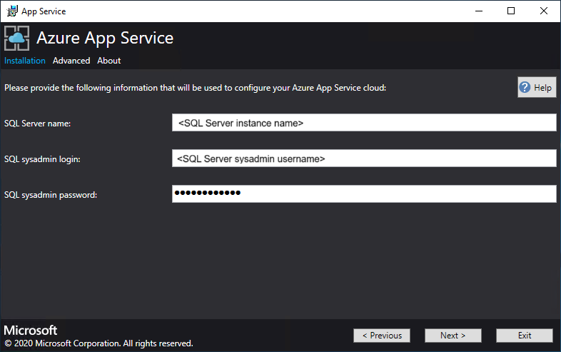在 Azure 应用服务安装程序中输入 SQL Server 信息