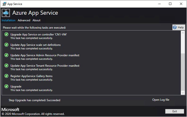 显示 Azure Stack Hub 上的 Azure 应用服务升级进度的屏幕截图。