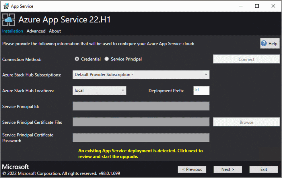 显示检测到的 Azure Stack Hub 上的 Azure 应用服务安装的屏幕截图。
