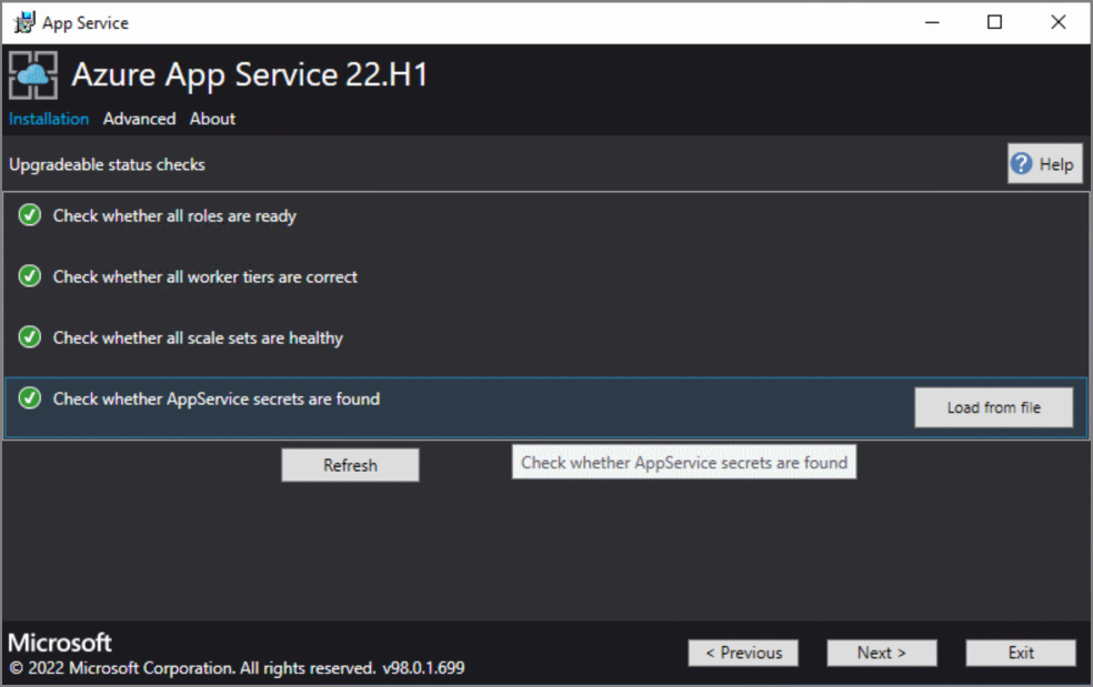 显示 Azure Stack Hub 上的 Azure 应用服务升级前状态检查的屏幕截图。