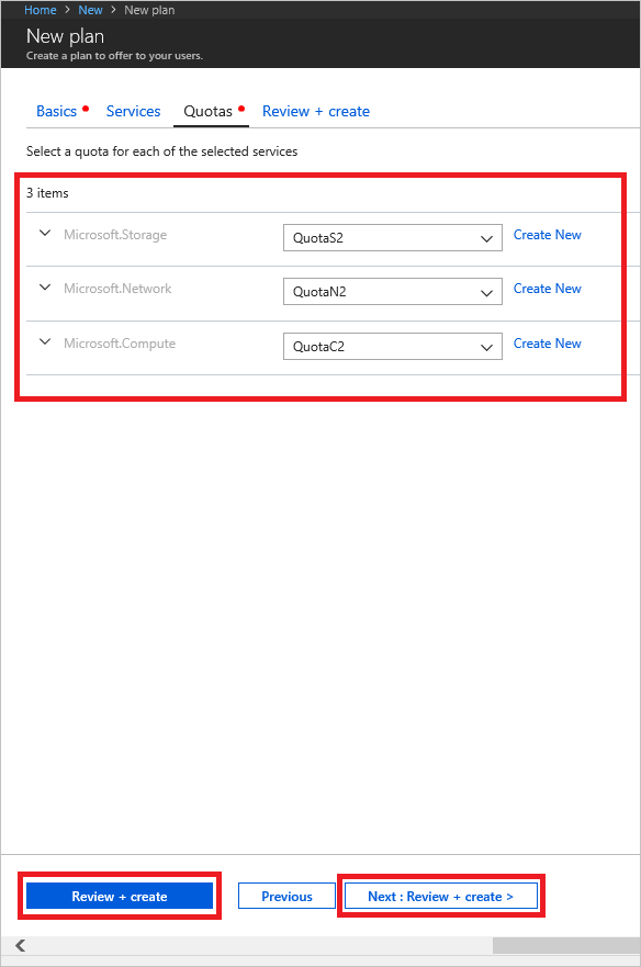 显示如何在 Azure Stack Hub 中完成新计划的配额分配的屏幕截图。