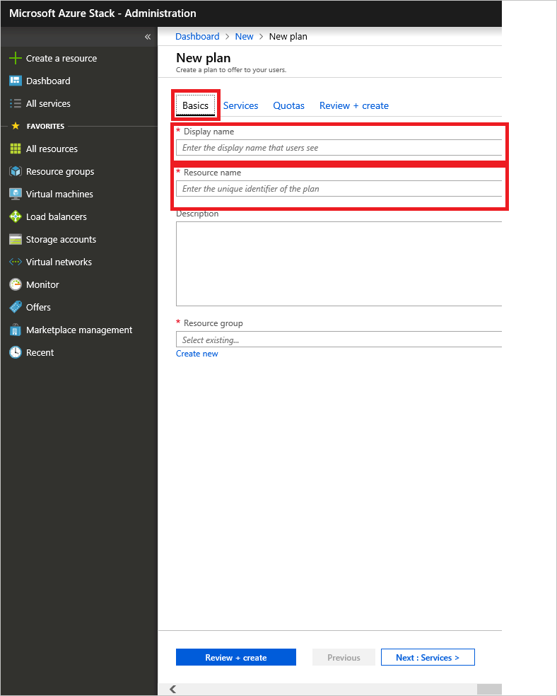 显示如何在 Azure Stack Hub 中指定新计划的详细信息的屏幕截图。