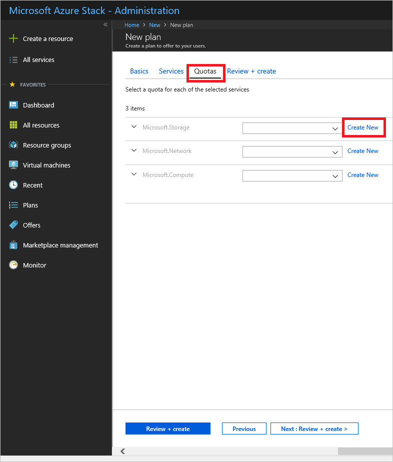 显示如何在 Azure Stack Hub 中为新计划指定配额的屏幕截图