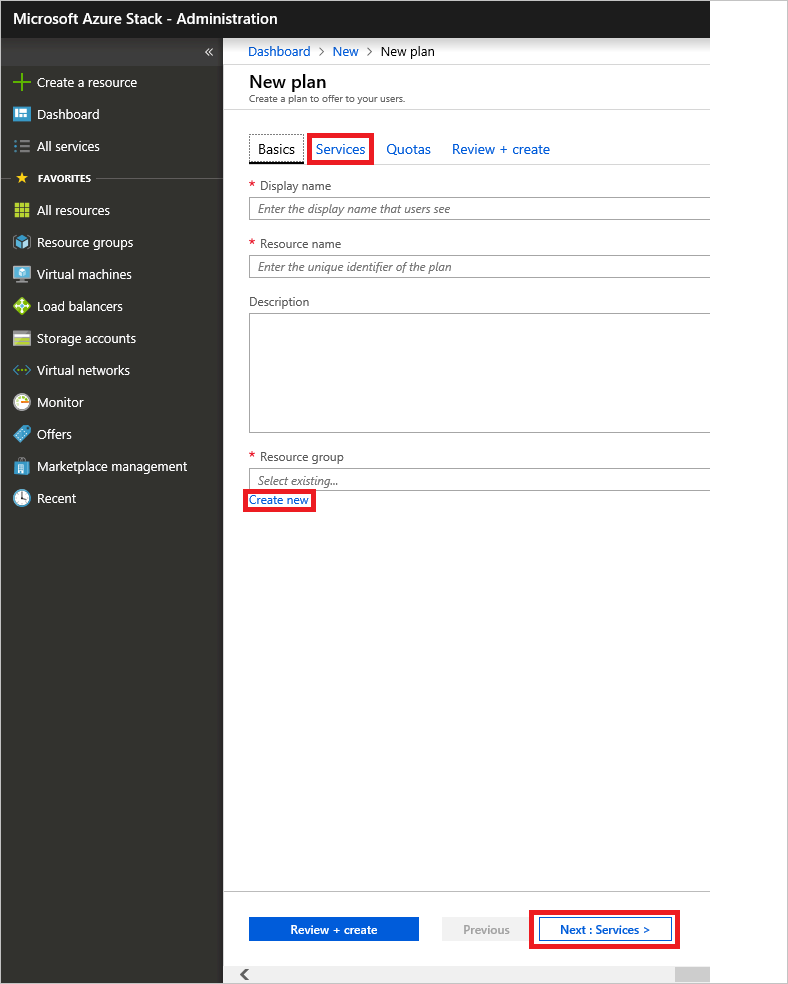 显示如何在 Azure Stack Hub 中为新计划指定资源组的屏幕截图。