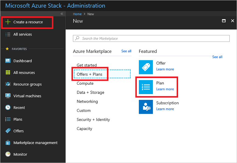 显示如何在 Azure Stack Hub 管理员门户中选择计划的屏幕截图。