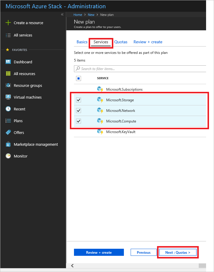 显示如何在 Azure Stack Hub 中选择新计划的服务的屏幕截图。