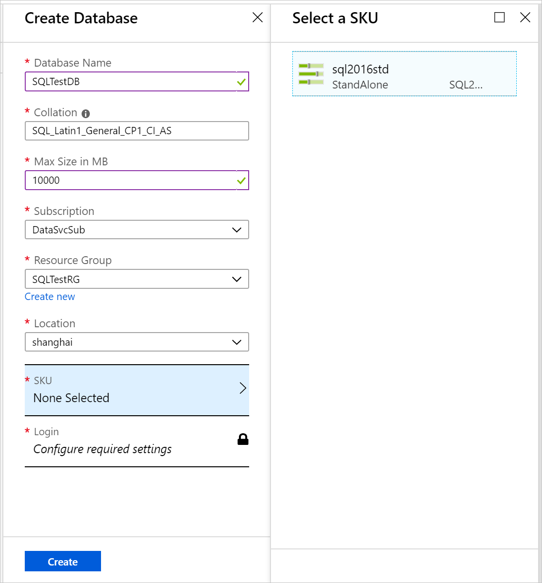 Azure Stack Hub 用户门户中创建数据库。