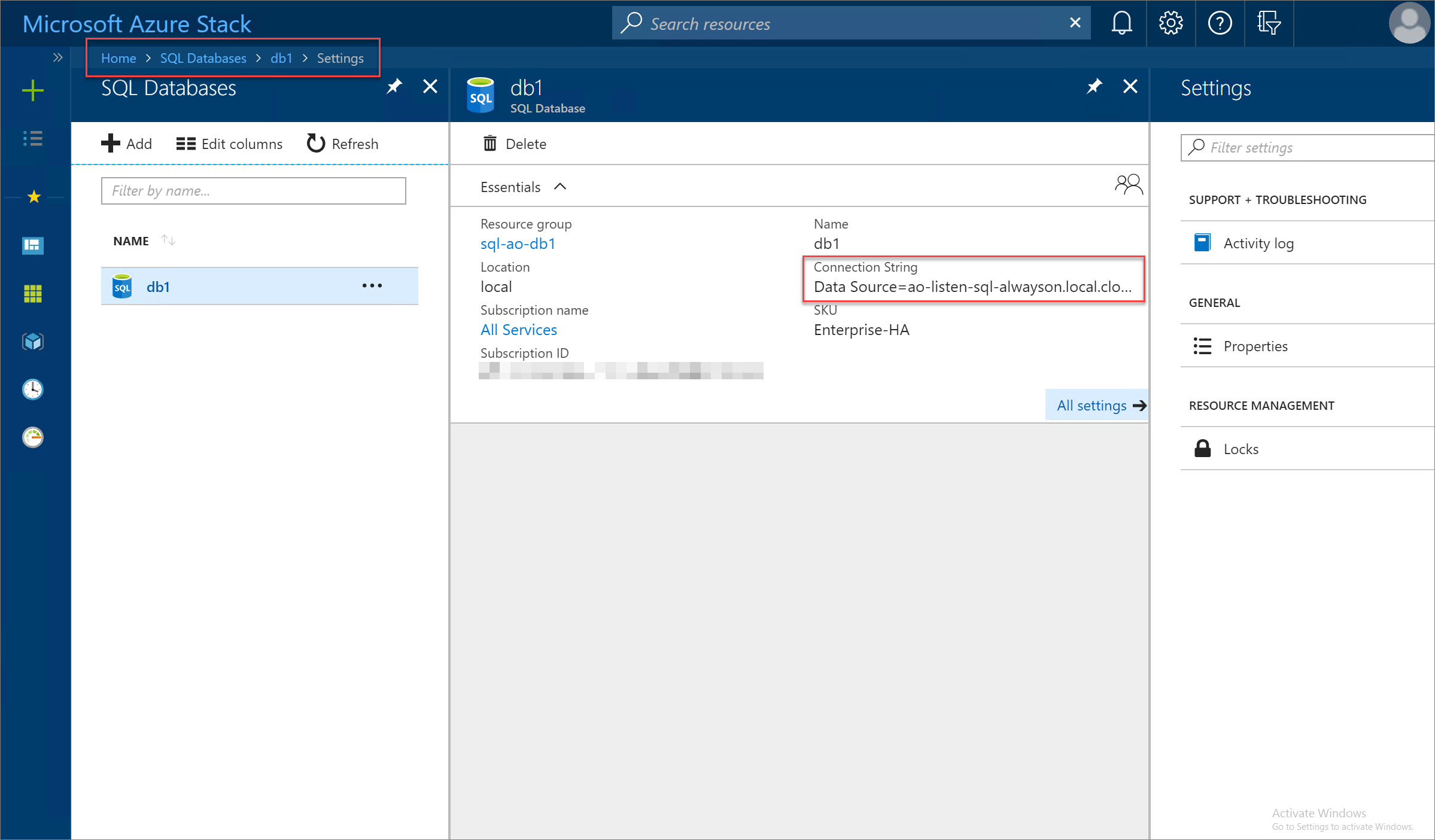 View connection string in Azure Stack Hub user portal