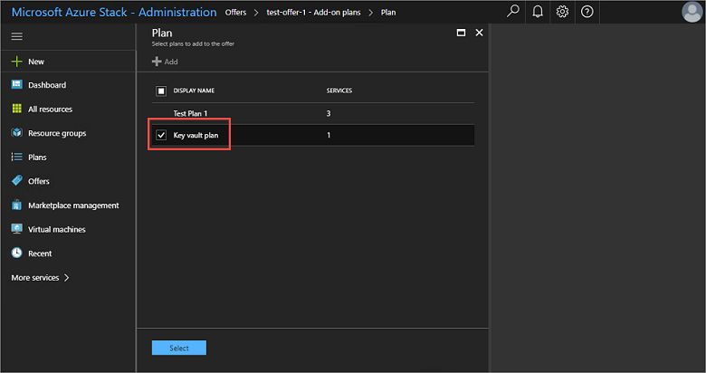 选择要在 Azure Stack 管理员门户中添加的附加计划