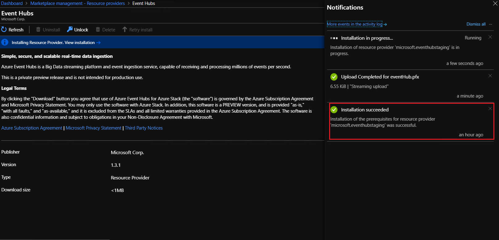 Marketplace management event hubs - RP install complete