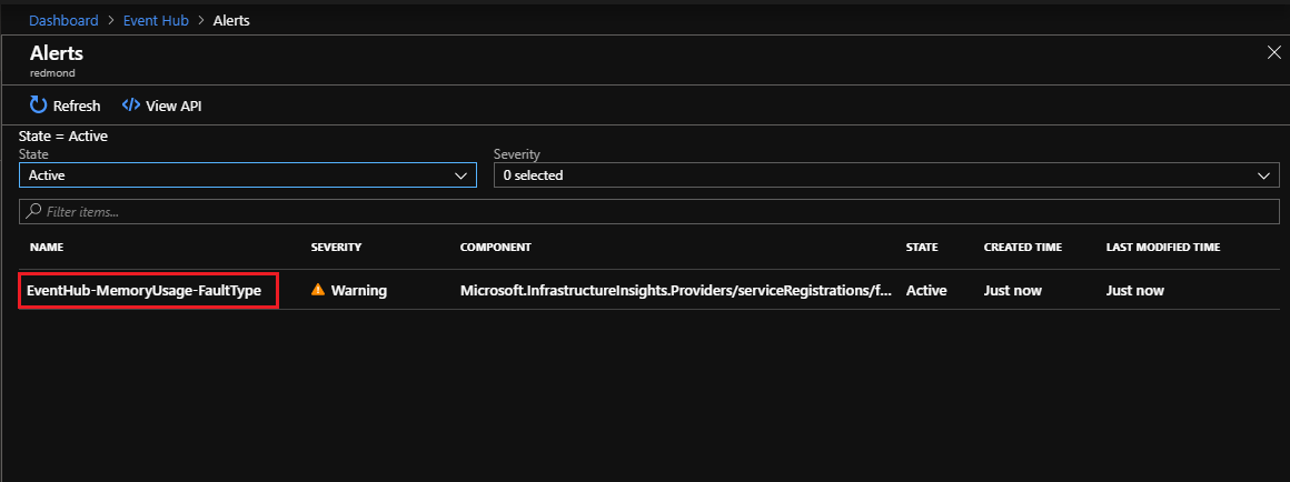 Manage event hubs - alerts summary