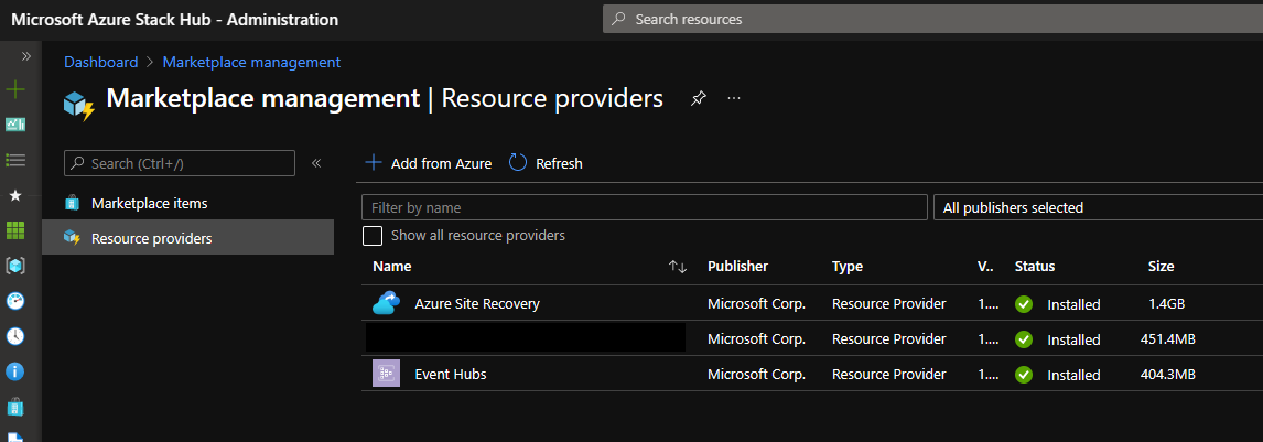 门户中已安装的资源提供程序的屏幕截图。